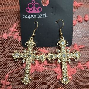 Paparazzi Gold Crystal Cross Earrings